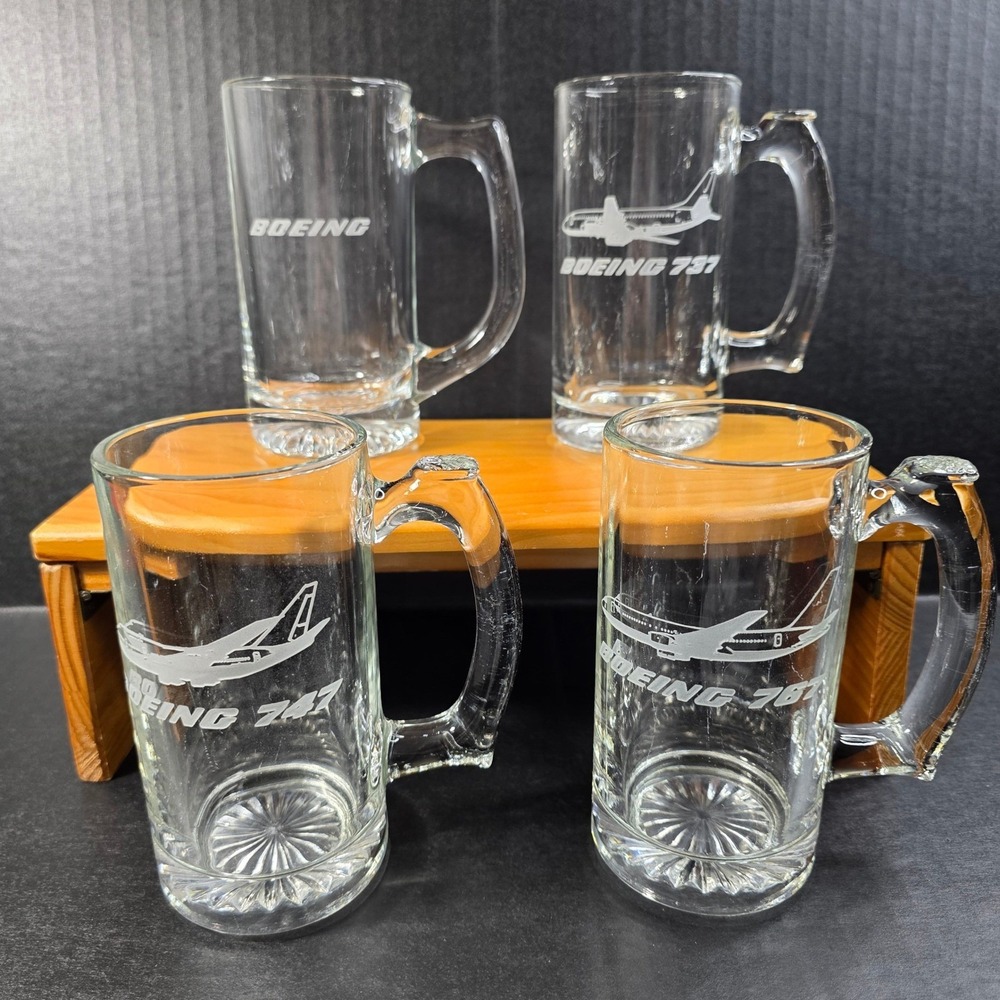 Boeing Aircraft Glass Beer Stein Mug Set of 4 Clear Etched 737 747 767 Logo